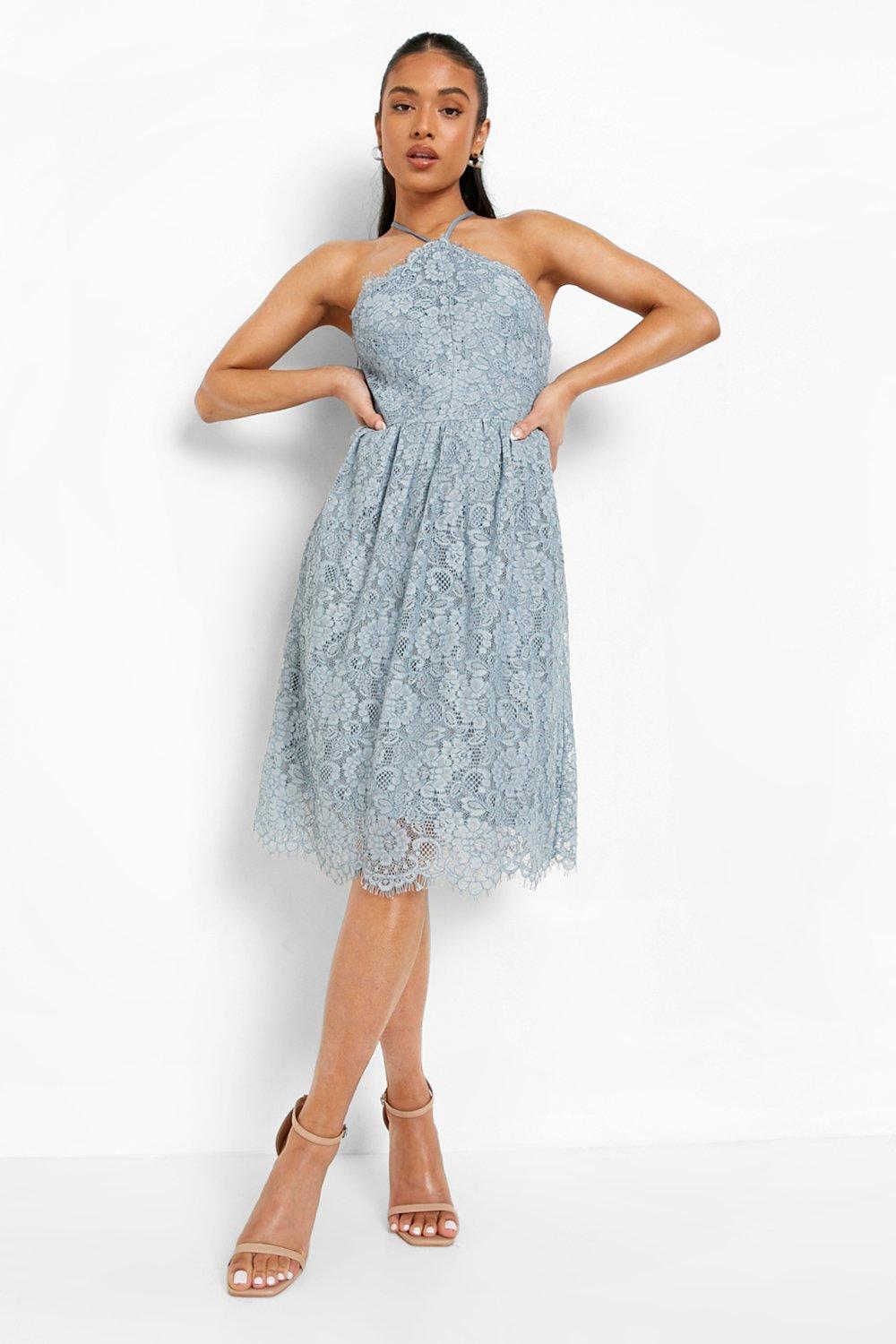 Dusty blue lace ruffle detail sales midi dress